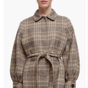 MAJE Belted Checked Wool-blend Coat In Light Grey